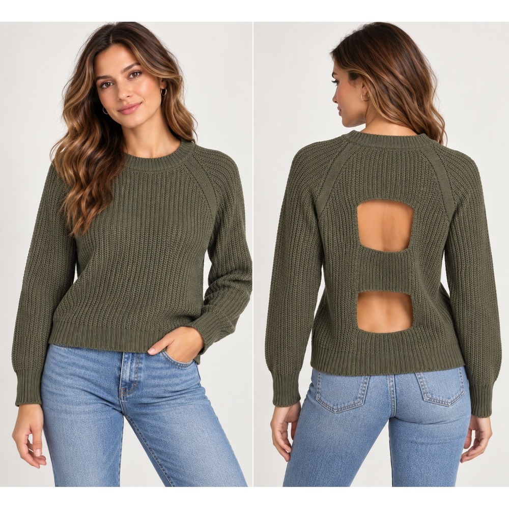 JACK by BB Dakota Cutout Back Waffle Knit Sweater Olive Green XS Chic Crew Neck